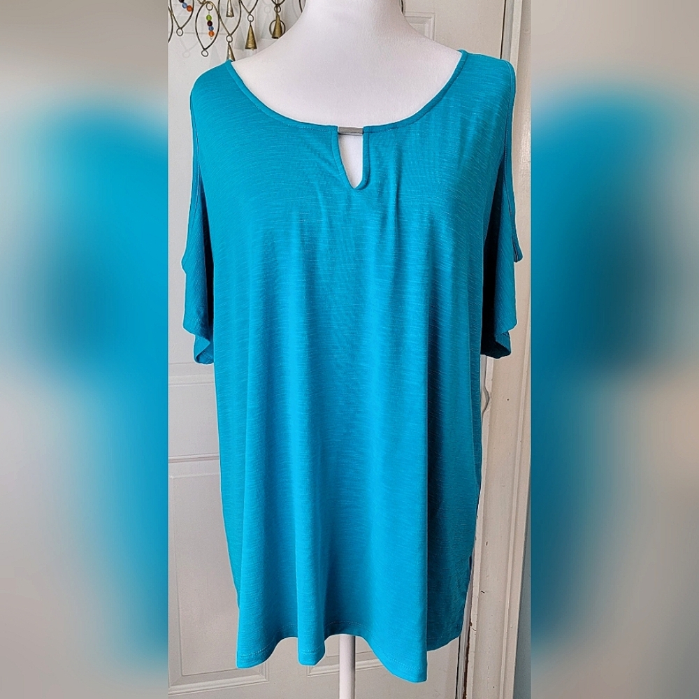 Jones New York Cold Sholder Tee Women's XL Blue w/Silver Accent Soft & Stretchy